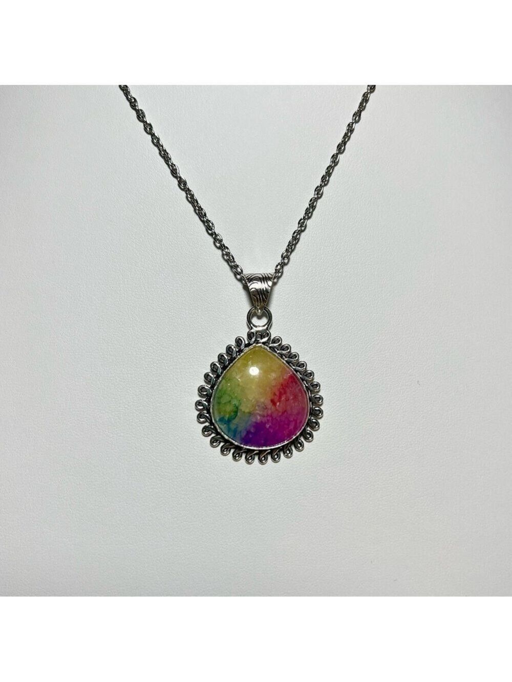 925 Plated Rainbow solar quartz necklace pear shape - Picture 1 of 2